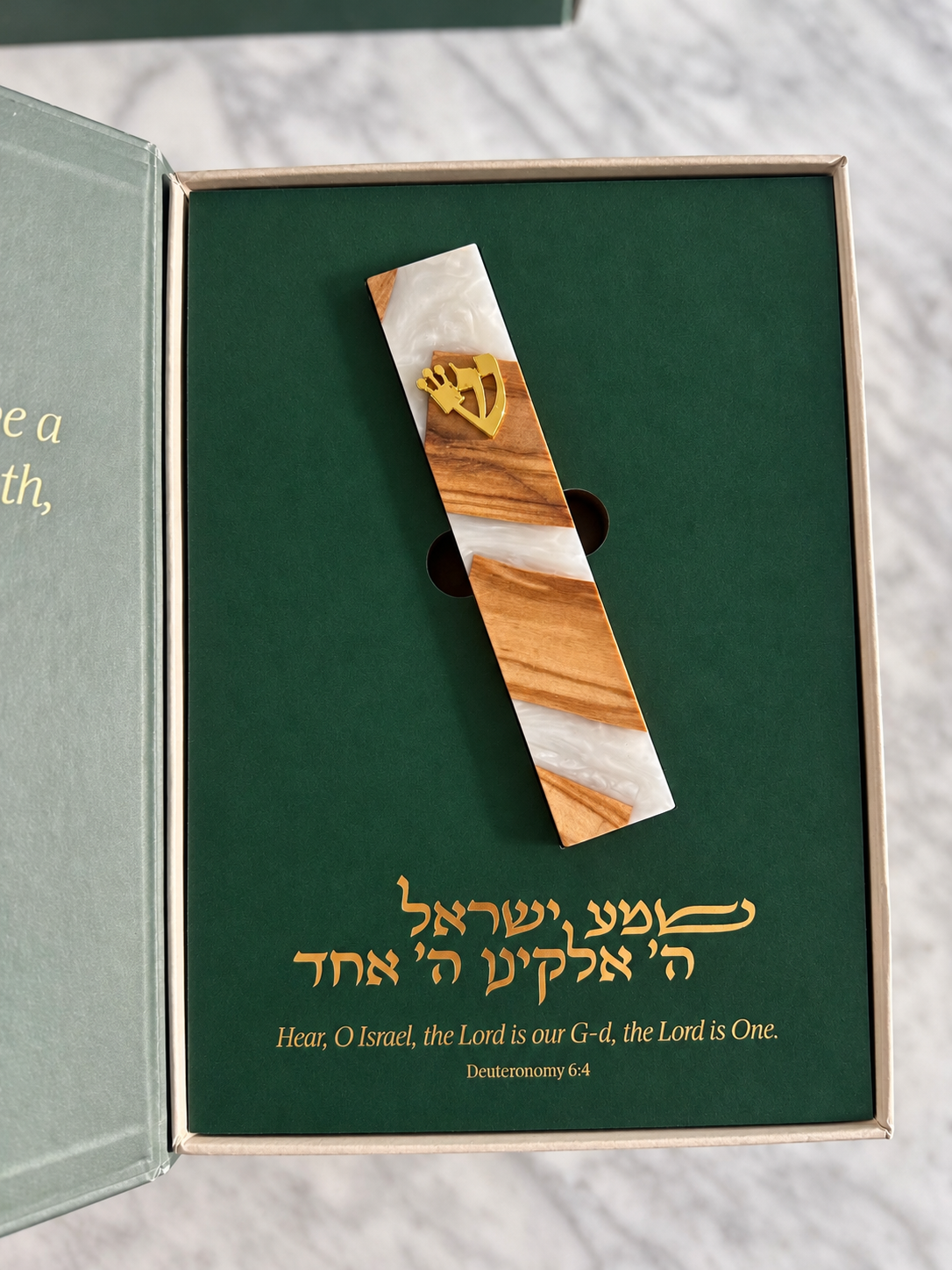Mezuzah case with olive wood, pearl resin, and gold shin
