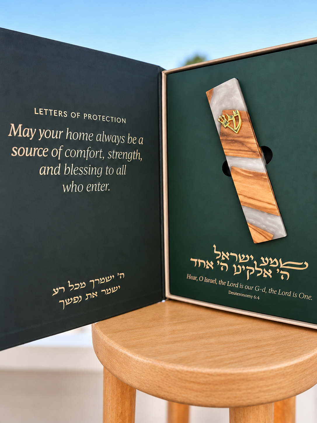 Open Mezuzah Gift presentation box on a clean wooden stool